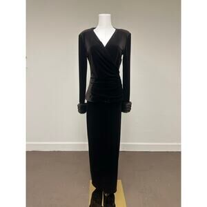 Vintage Lillie Rubin Brown Velvet Maxi Dress Fur Cuffs Peplum Waist Size M
